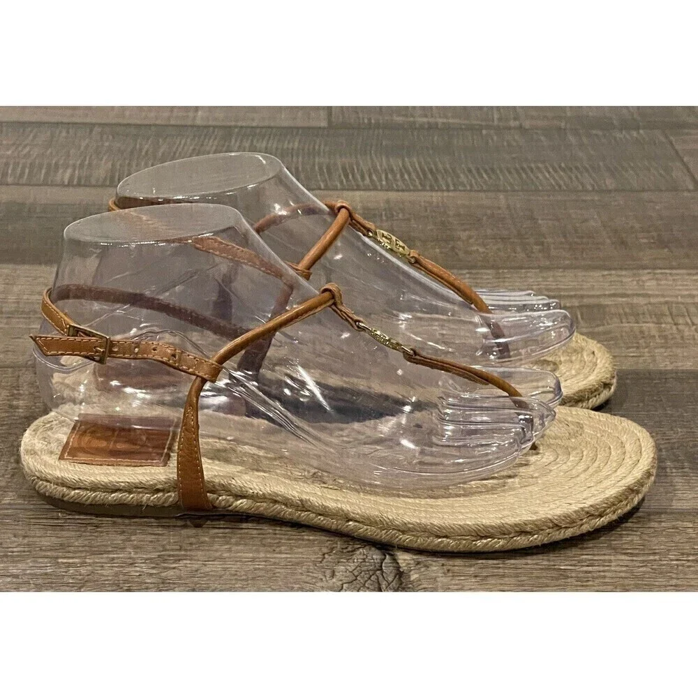 Tory Burch Brown Leather Emmy Flat Espadrilles Thong Sandals Size 8B Womens